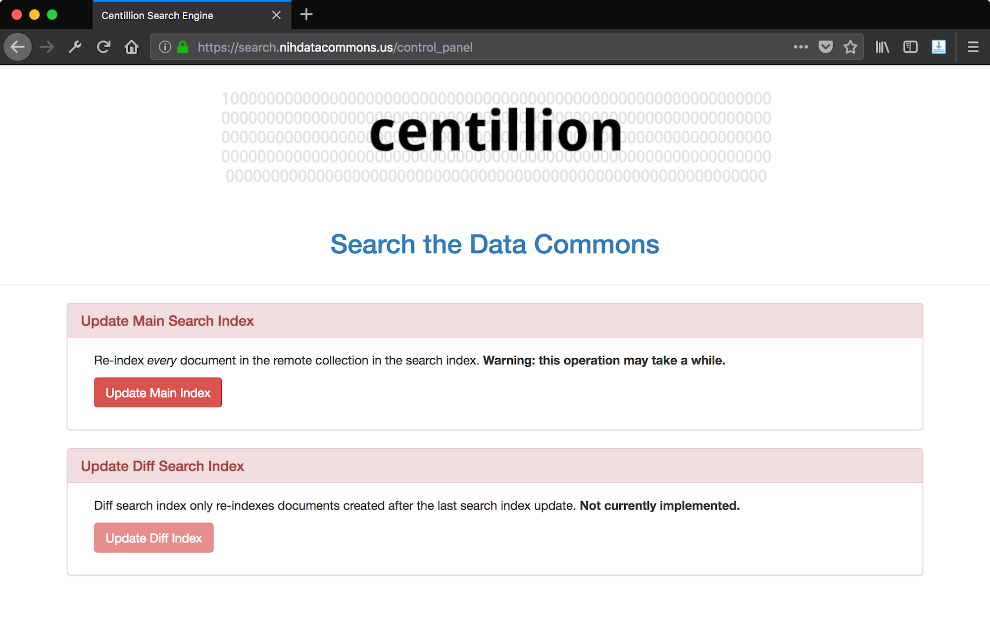 Screen shot of centillion control panel